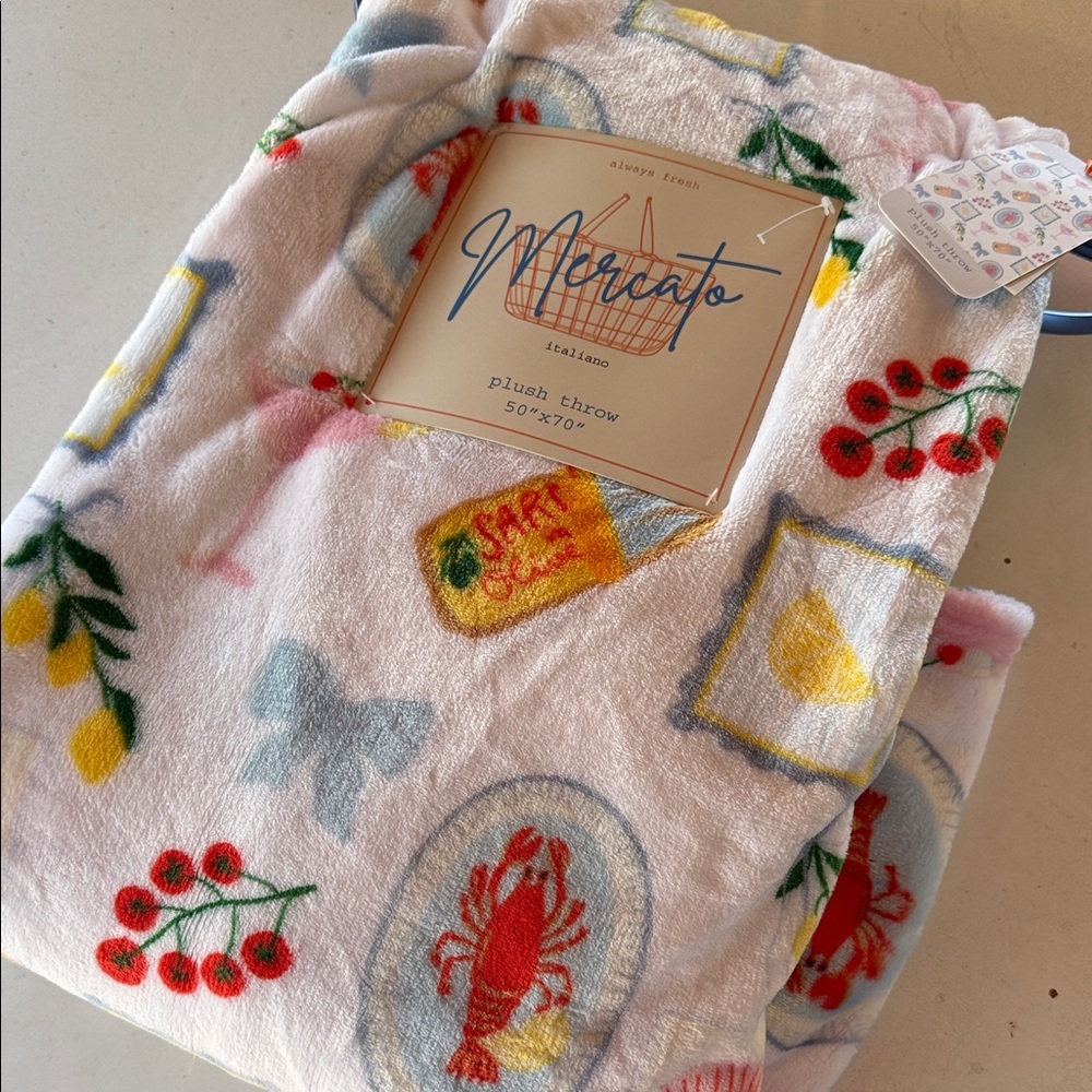 Coastal Mercato Italiano Plush Throw blanket - lobster sardines cherries lemons